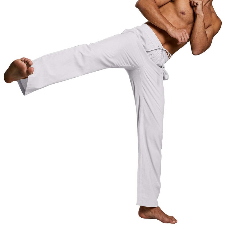 PASLTER Mens Casual Linen Pants Loose Fit Straight-Legs Elastic Drawstring Waist Summer Beach Yoga Long Pants B-White - Image 3